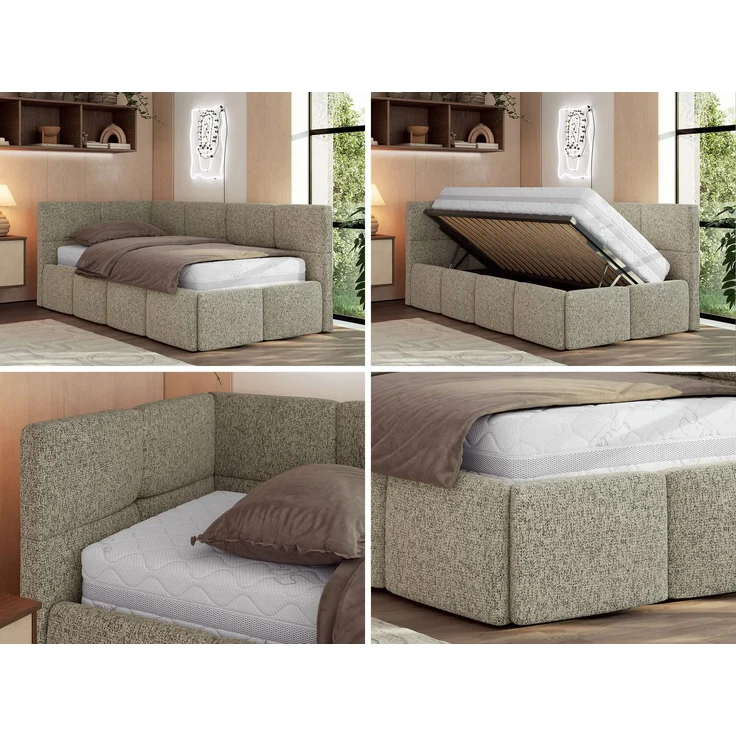 Jugendbett 90x200 ARVO Polsterbett mit Bettkasten, Stauraum & Gasdruckfeder, Modernes Design mit Kopfteil, Foam Matratze - Dunkelbeige Strukture - MIRO LUX - Links Seite – Bild 2