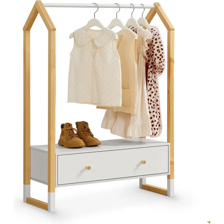 Juskys Kinder Kleiderständer Filla - große Schublade, Kleiderstange, offener Ständer - Kindergarderobe aus Holz - Mädchen & Jungs - Garderobe Weiß