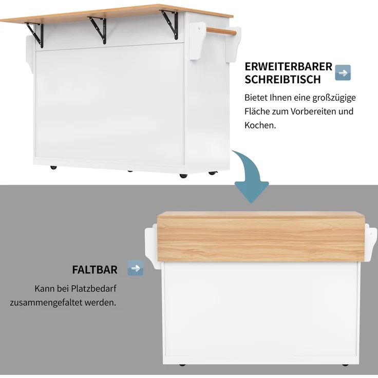 Servierwagen mit klappbarer Tischplatte, 120x46/70x91,5 cm, Weiß/Natur, mit Rollen & Stauraum – Bild 6