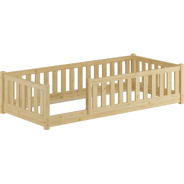 Kinderbett, Holzbett 90x200 mit Rundumsicherung Kiefer natur lackiert V-60.77-09Rollrost inkl. – Bild 2