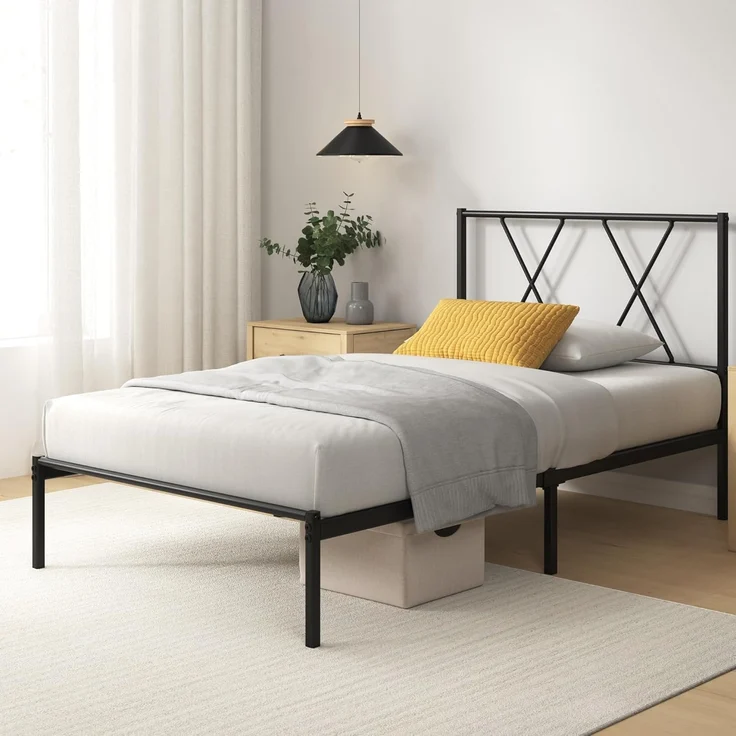 Zinus Elias Bett 90x190 cm – Bettgestell aus Metall mit Kopfteil – einfache Montage – Höhe 30 cm – Bett mit Metalllattenhalter – Stauraum unter dem Bett – Schwarz