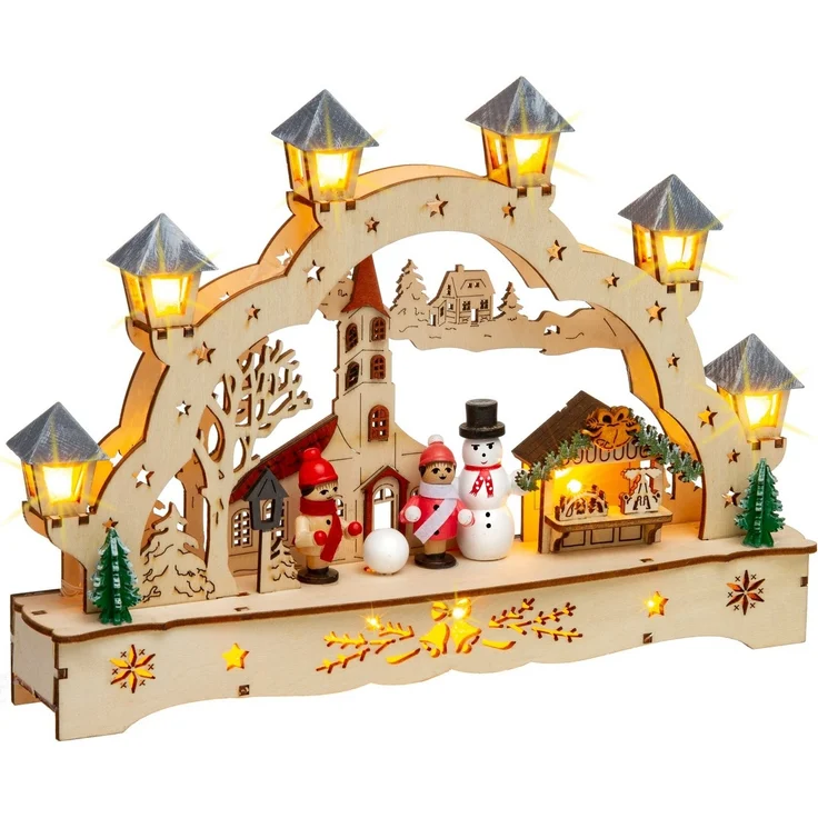 SIKORA Schwibbogen LB70s kleiner LED Holz Lichterbogen Dorfkirche mit Markt B: 27 cm, batteriebetrieben - sanft beleuchtet für sinnliche Weihnachten – Bild 2