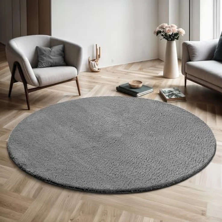 the carpet Relax Moderner Flauschiger Kurzflor Teppich, Anti-Rutsch Unterseite, Waschbar bis 30 Grad, Super Soft, Felloptik, Anthrazit, 200x200 cm Rund – Bild 2