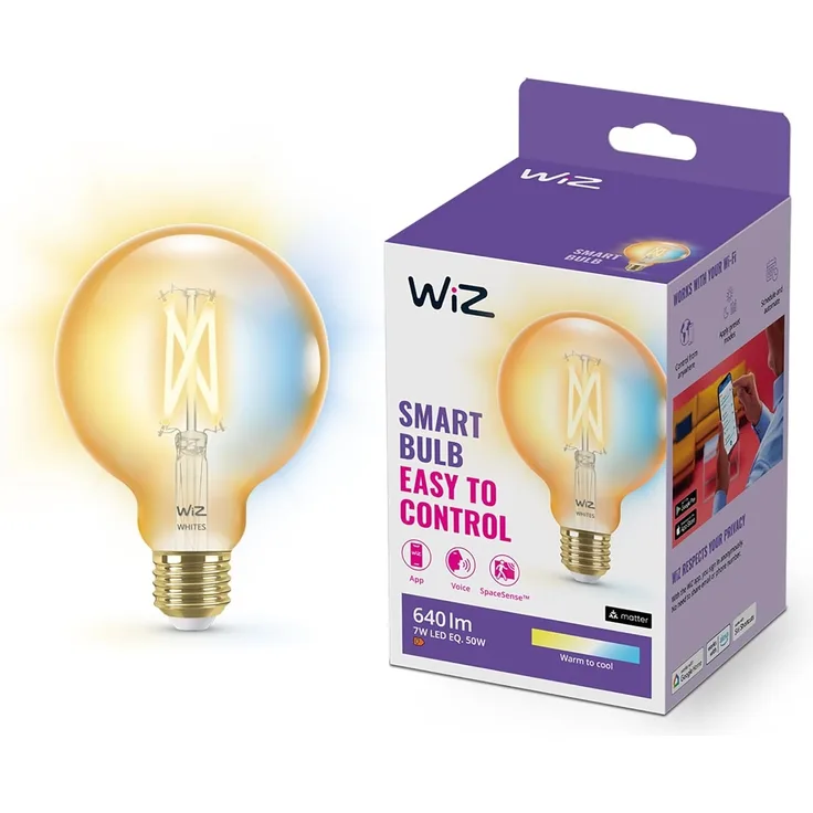 WiZ Tunable White Amber LED Lampe E27 (640 lm), 50 W Filament Lampe im Vintage Design mit bernsteinfarbenem dimmbarem Licht, smarte Lichtsteuerung über WLAN per Stimme/App
