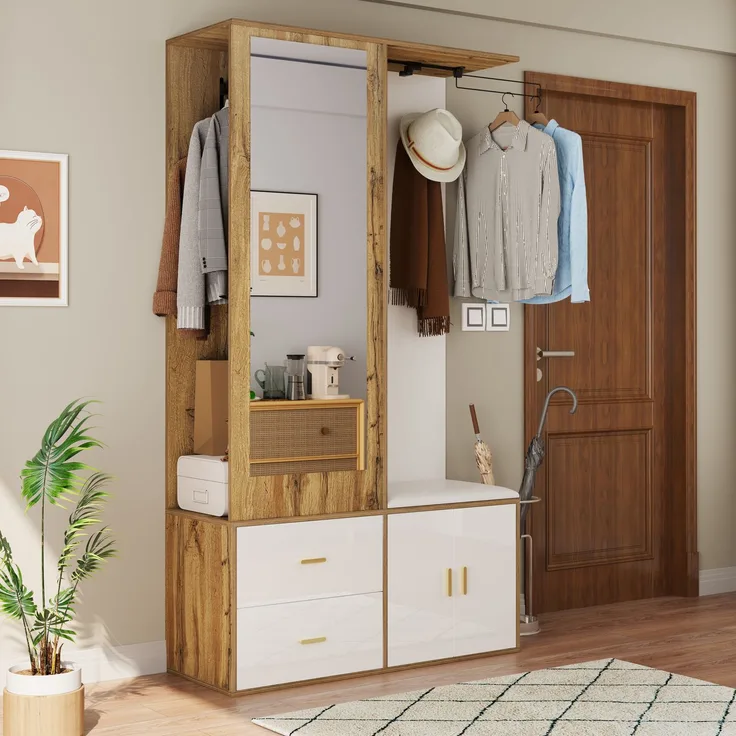 Edles Garderobenset in Weiß- und Holzfarben mit Spiegel, Schuhschrank, Schuhbank mit Haken und ausziehbarer Kleiderstange