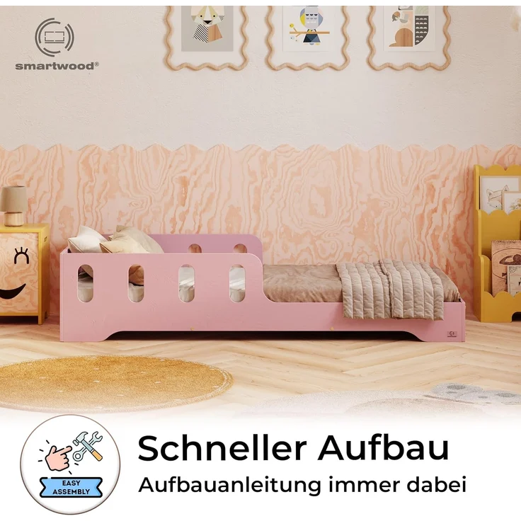 smartwood Kinderbett 120x200 cm in Rosa - Montessori Bodenbett mit Rausfallschutz & Lattenrost - Aus handbemaltem Sperrholz - Sicher für Jungen und Mädchen - Einfache Montage - TILA 6 – Bild 4