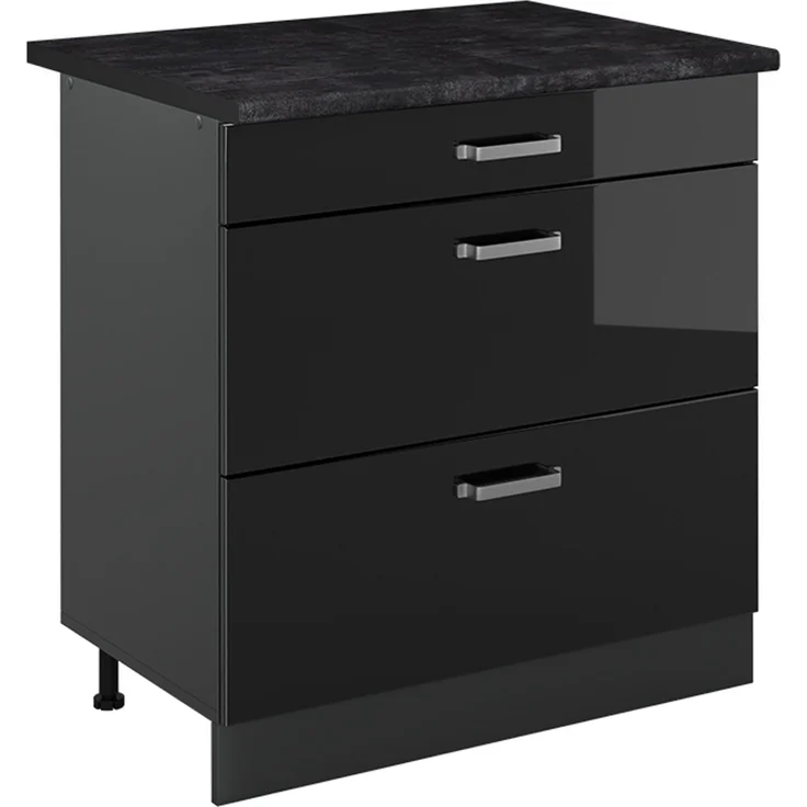 Küchenunterschrank R-Line Schwarz Hochglanz/Anthrazit 80 cm mit 3 Schubladen Arbeitsplatte Anthrazit Vicco – Bild 1