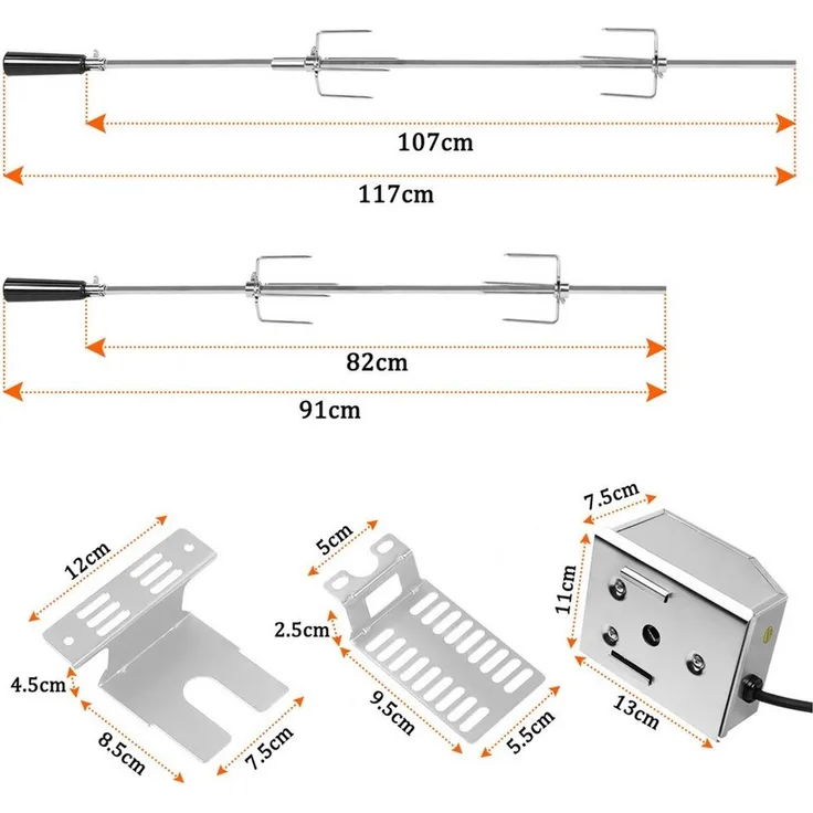 FIVMEN Grillspieß Edelstahl Spieß Set 107cm BBQ Fleischklammer mit Motor Drehspieß (Fleischnadeln, 2-St)