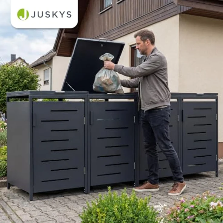 Juskys Mülltonnenbox Arel 4er - Metall Gartenbox für 120 bzw. 240l Mülltonnen - Aufbewahrungsbox - Unterstand mit Dach & Gasdruckfeder - Anthrazit – Bild 8