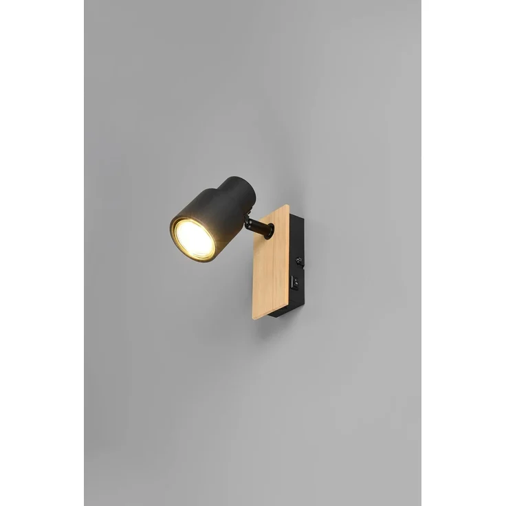 Wandstrahler PIERRE mit Schalter, Metall Schwarz & Holz, Breite 6cm – Bild 2