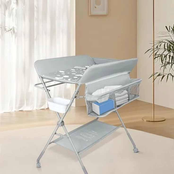 mobiler Wickeltisch mit Wickelaufsatz, Wickelkommode klappbar höhenverstellbar, Wickelkombi mit Sicherheitsgurt Aufbewahrungskorb Kleiderstange-80 * 58 * 90 cm-hellgrau – Bild 4