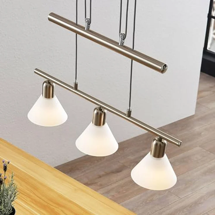 Lindby Pendellampe Delira, 3-flg., nickel, höhenverstellbar mit weißen Glasschirmen – Bild 2