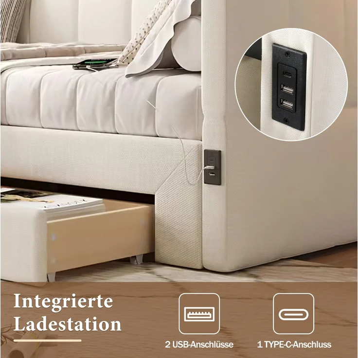 CHICFURN Ausziehbett 90/180x190 cm aus Leinen Beige mit 2 Schubladen und USB- und Type-C-Anschlüssen – Bild 5