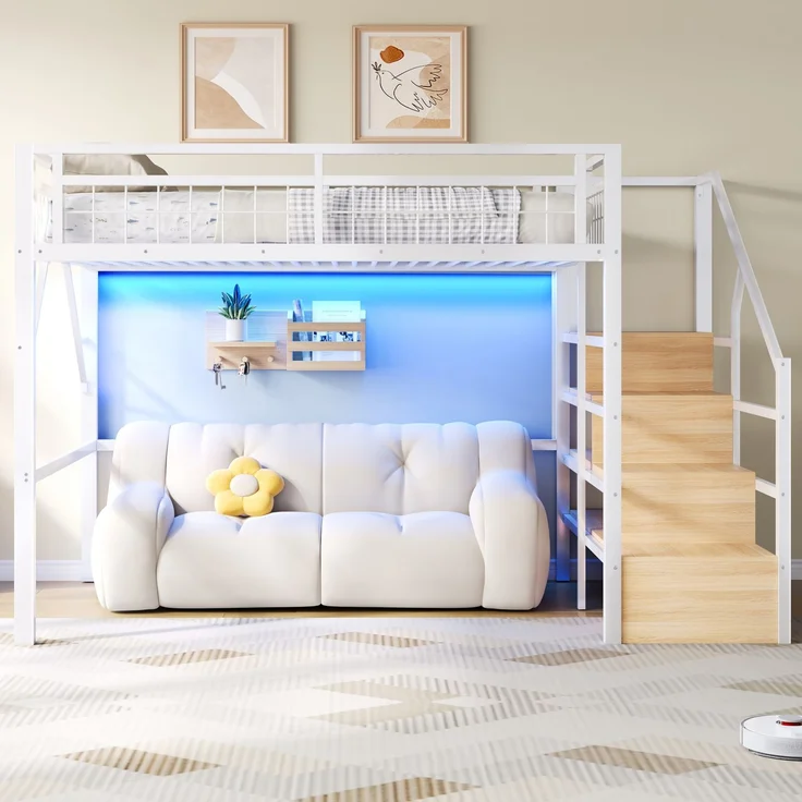 U-life Hochbett 140x200 cm, Eisenrahmen, LED-Beleuchtung, Treppenkonstruktionen, Freier, Metall, Weiß – Bild 7