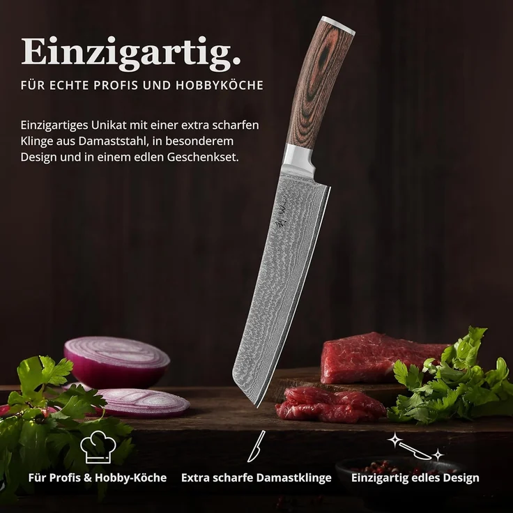 Wakoli Asiamesser Edib Tanto Damast Küchenmesser Kochmesser 20 cm Klinge Pakkaholzgriff, aus 67 Lagen Damaststahl, VG-10 Stahlkern – Bild 3
