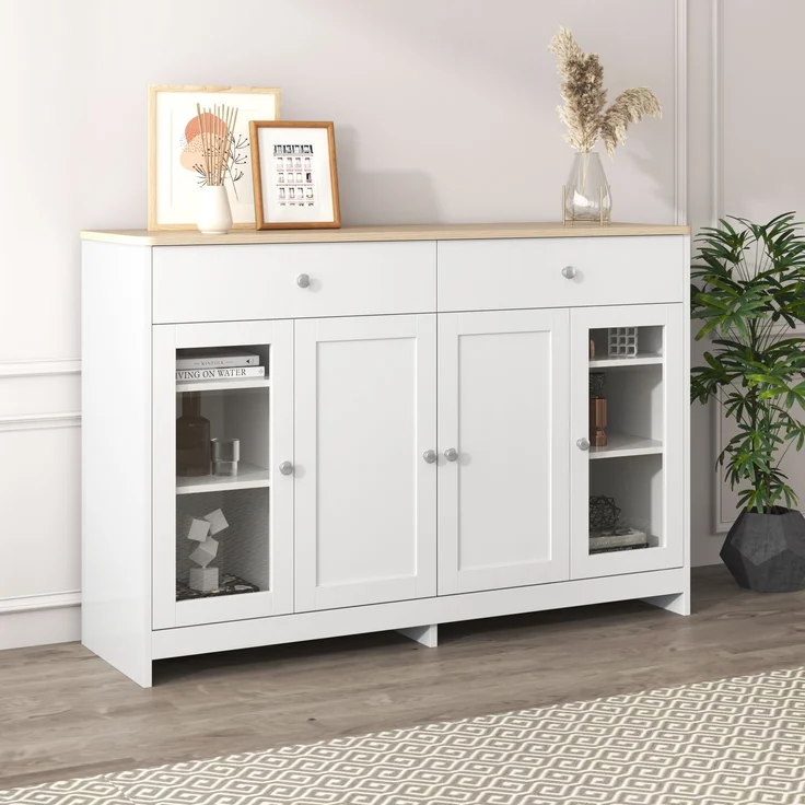 Sideboard 120×37×80 cm mit 2 Schubladen, 4 Türen, verstellbaren Regalböden, Holzoptik Kommode Buffetschrank Weiß – Bild 6