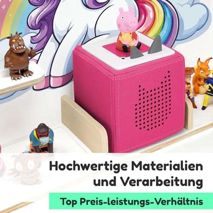 stadtecken Holzregal für Tonies & Toniebox – Musikbox Wandregal aus 10mm Holz – Platz für 35-50 Figuren mit Magnetfunktion – Handgefertigt – Zum Aufstellen oder Aufhängen (Einhorn Zauberwelt, Groß) – Bild 4