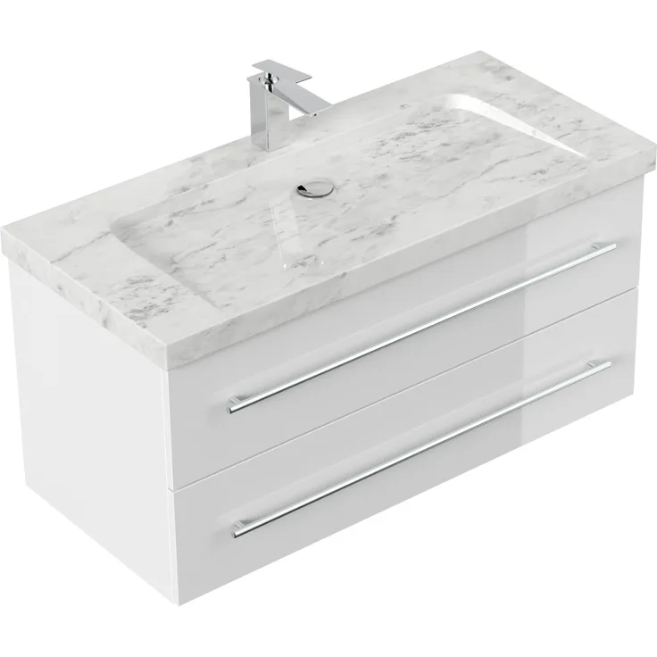 Badmöbel Marmor Carrara White Damo 100 cm 1 Hahnloch SoftClose weiß hochglanz : Weiss hochglanz