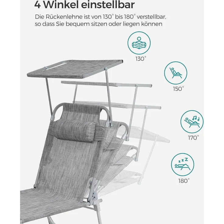 Songmics 'GCB19T' Sonnenliege, klappbarer Liegestuhl, max. Belastbarkeit 150 kg, mit Sonnenschutz, Kopfstütze und verstellbarer Rückenlehne, grau, 193 x 53 x 29 cm – Bild 3
