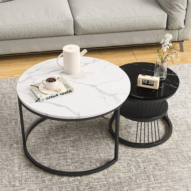 Simurq Couchtisch rund 2er-Satztisch Beistelltisch stapelbarer Sofatisch (2er-Set), 70x45cm+45x40cm, rund – Bild 1