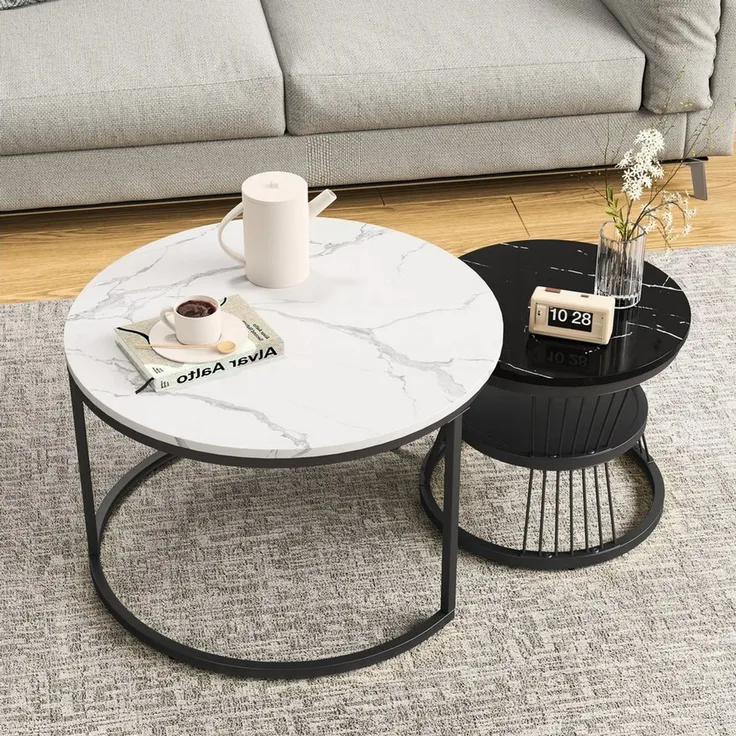 Simurq Couchtisch rund 2er-Satztisch Beistelltisch stapelbarer Sofatisch (2er-Set), 70x45cm+45x40cm, rund
