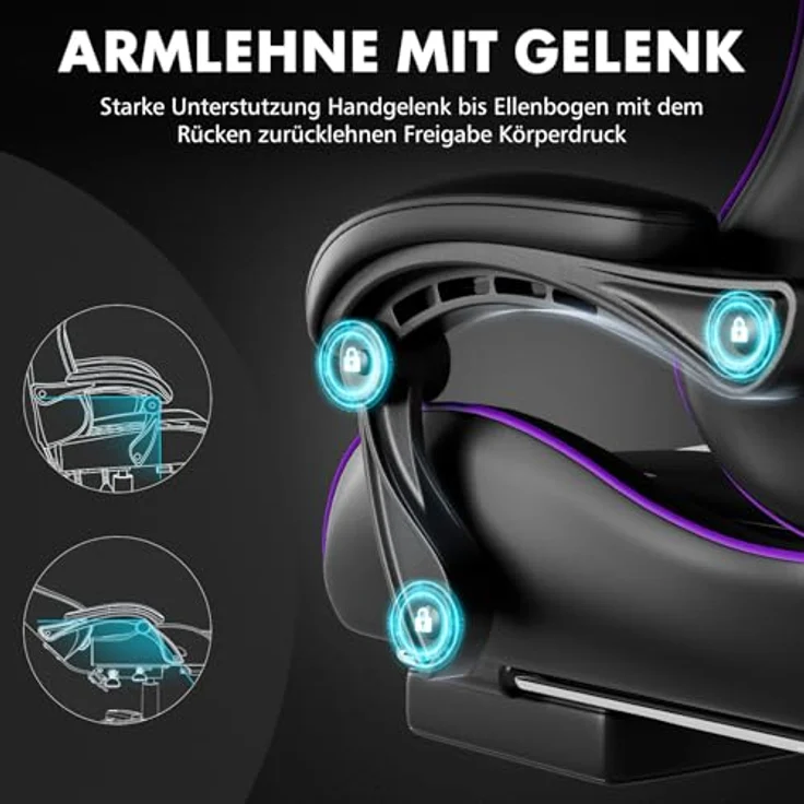 GTPLAYER Gaming Stuhl, Bürostuhl, Ergonomischer Pc Stuhl, Gaming Sessel mit Massagelendenwirbelstütze, Task Stühle mit Fußstütze und Kopfstütze, Lila Kunstleder – Bild 7