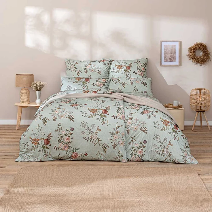 Estella Interlock Jersey Bettwäsche Perla 6913-532 Blumen Mint 135x200 – Bild 1