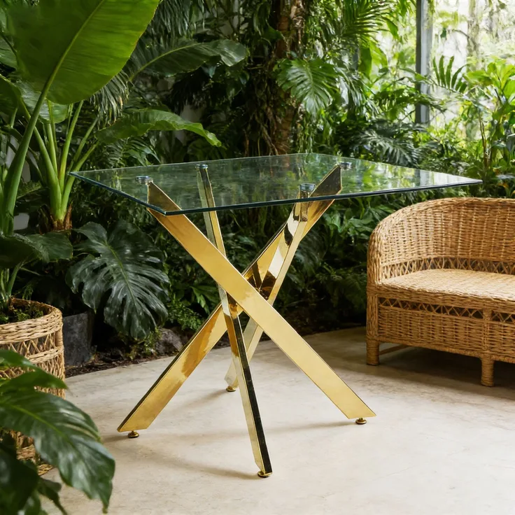 Esstisch 80x80x75 cm mit Glasplatte und goldfarbenem Metallgestell, modern und pflegeleicht