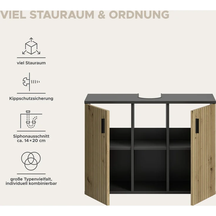 Waschbeckenunterschrank B/H/T: 80x59x30 cm in Basalt Nachbildung und -- – Bild 10