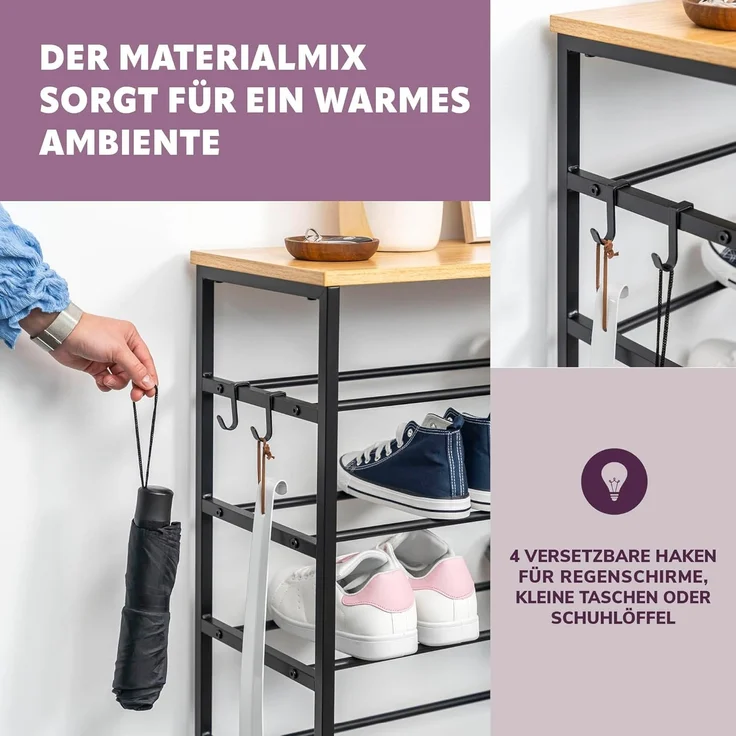 eluno Schuhregal für max. 18 Paar Schuhe, 2 Holzablagen, 4 Haken – Bild 6
