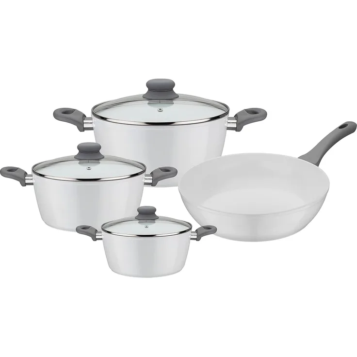 GSW Topf-Set Fiona, Aluminium (Set, 7-tlg, je 1 Kochtopf Ø 16/20/24 cm, 1x Schmorpfanne Ø 24 cm), weiß mit Softtouch-Griff kratzfeste ILAG® CERAMICVeredelung, Induktion