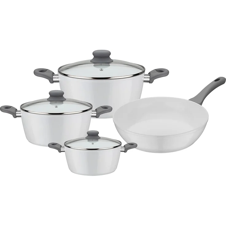 GSW Topf-Set Fiona, Aluminium (Set, 7-tlg, je 1 Kochtopf Ø 16/20/24 cm, 1x Schmorpfanne Ø 24 cm), weiß mit Softtouch-Griff kratzfeste ILAG® CERAMICVeredelung, Induktion – Bild 1