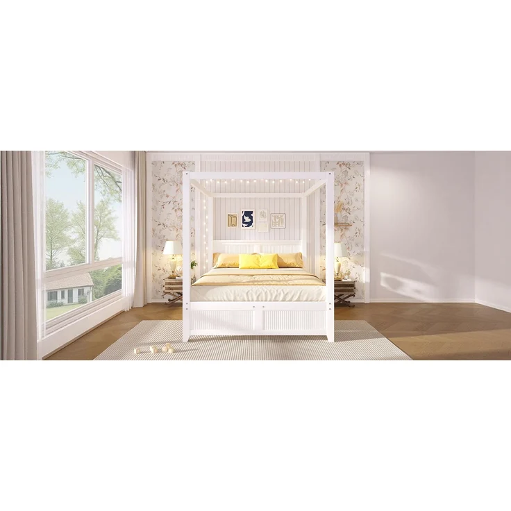 ZUBALIYA 140x200cm Himmelbett aus Holz mit dekorativem Dachrahmen und vertikalen Lamellen am Kopf- und Fußteil, Weiß – Bild 8