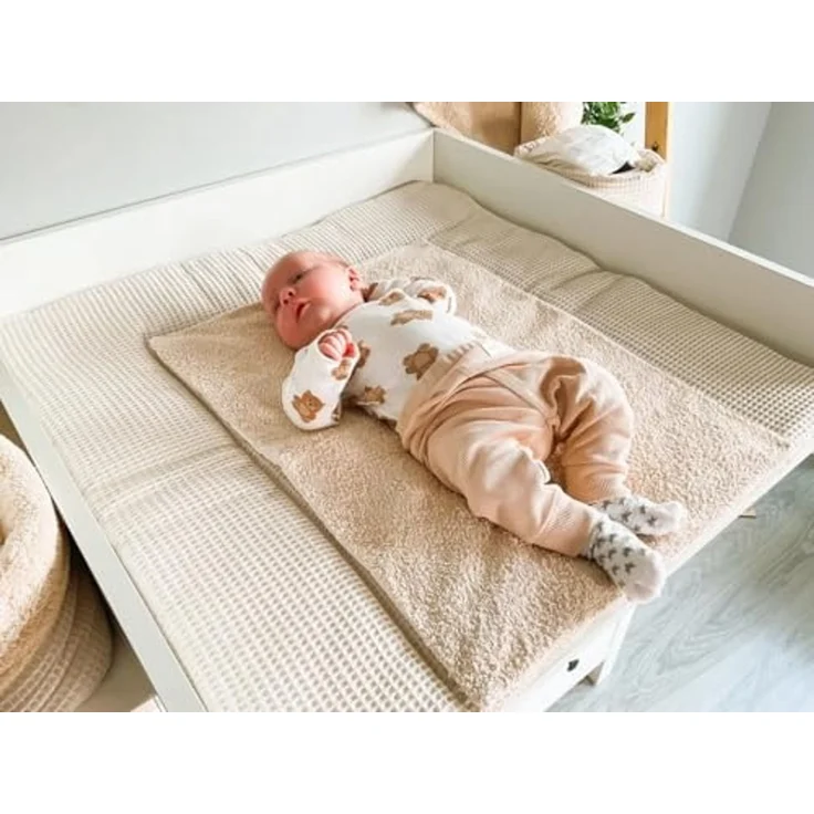 Wickelauflage Set 6-teilig – Wickelunterlage aus Waffelstoff & Frottee mit Druckknöpfen – Baby Wickelauflage – Wickeltischauflage – 75x75 cm (Breite x Tiefe), Hellbeige – Bild 3