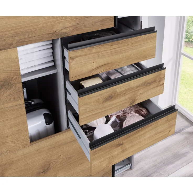 Schwebetürenschrank Kleiderschrank 3trg 270cm Eiche Dekor Spiegel u. Schubkästen – Bild 5