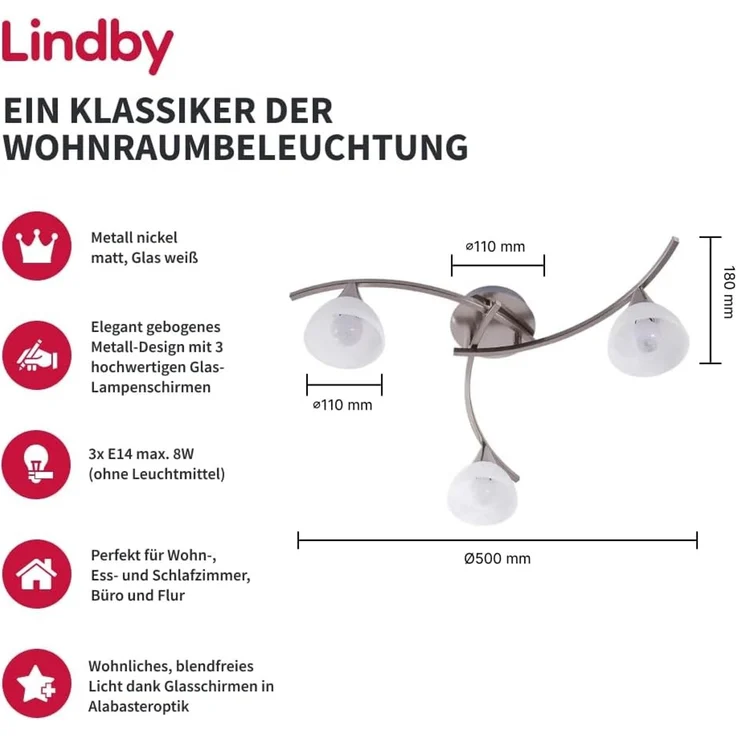 Lindby Deckenleuchten Della, Glas Alu IP20, 3 x 4 W LED – Bild 2