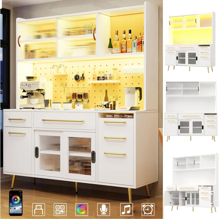 EINHOM Modernes Sideboard mit LED-Beleuchtung, Hochschrank für Küche & Wohnzimmer, Aufbewahrungsschrank mit Lochwand, Schublade & Glastür, Weiß – Bild 1