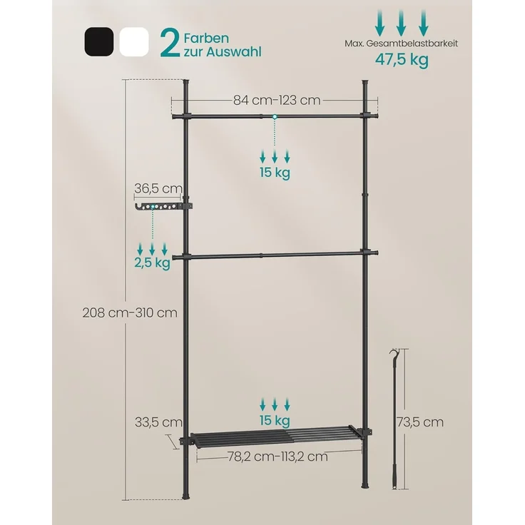SONGMICS Teleskopstange Kleiderständer, 3-stufige Garderobe, höhen- und breitenverstellbar, offener Kleiderschrank mit 2 Kleiderstangen und abnehmbarer Ablage, Greifarm, mattschwarz HSR136B01 – Bild 6