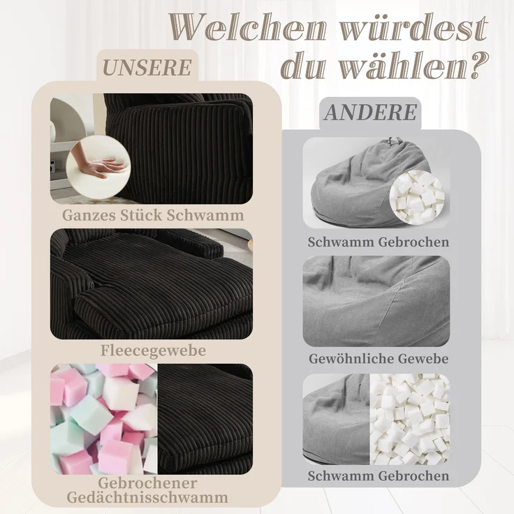 Chaiselongue Cord Sessel Indoor 125x155 cm Lounge-Sofa Relax-Sessel mit Kissen für Wohnzimmer Schlafzimmer,schwarz – Bild 6