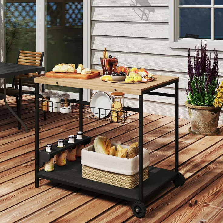 Servierwagen, Küchenwagen, 2 Etagen, 4 Flaschenhalter, In/Outdoor, Natur/Schwarz--Naturholz--81x65x97.5cm--YOUDENOVA – Bild 4