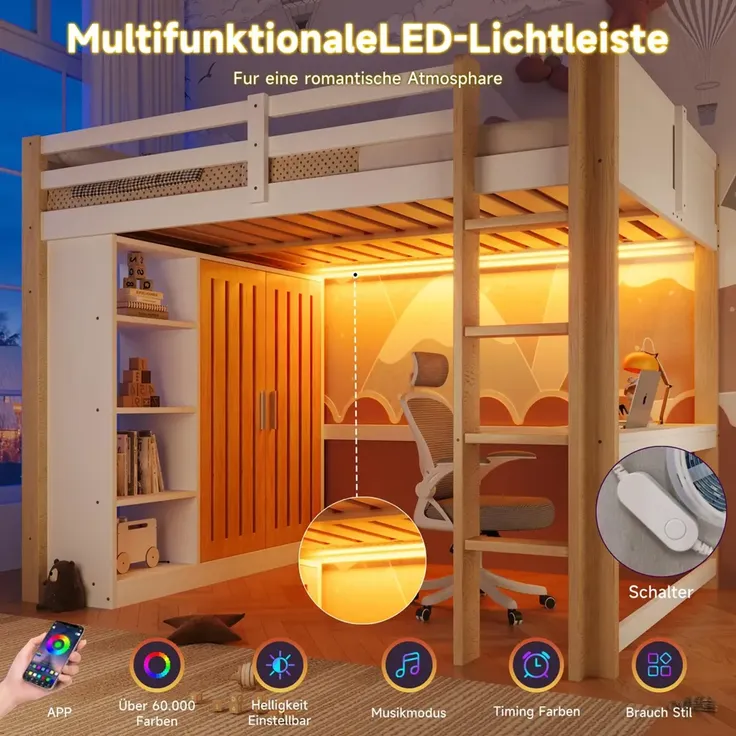 Hochbett mit RGB LED-Streifen, Schreibtisch, Lattenrost, Kleiderschrank, Trittleiter, Regal und Rausfallschutz, 140x200 cm, Kinderbett, Kiefer – Bild 3