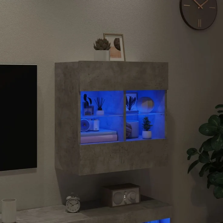 TV-Wandschrank, Fernsehschrank mit LED-Leuchten Betongrau 58,5 x 30 x 60,5 cm – Bild 3
