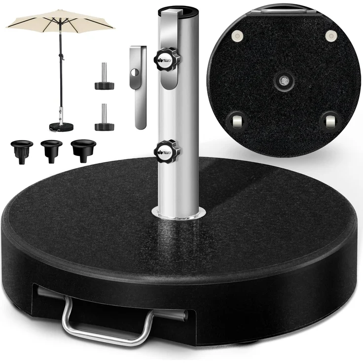 tillvex® Granit Sonnenschirmständer mit Rollen & Teleskopgriff 27 kg Schwarz - Rund | Schirmständer Sonnenschirm mit Edelstahlrohr | Balkonschirmständer für Schirmstöcke 16-48 mm & 300 cm Schirmdurchmesser – Bild 1