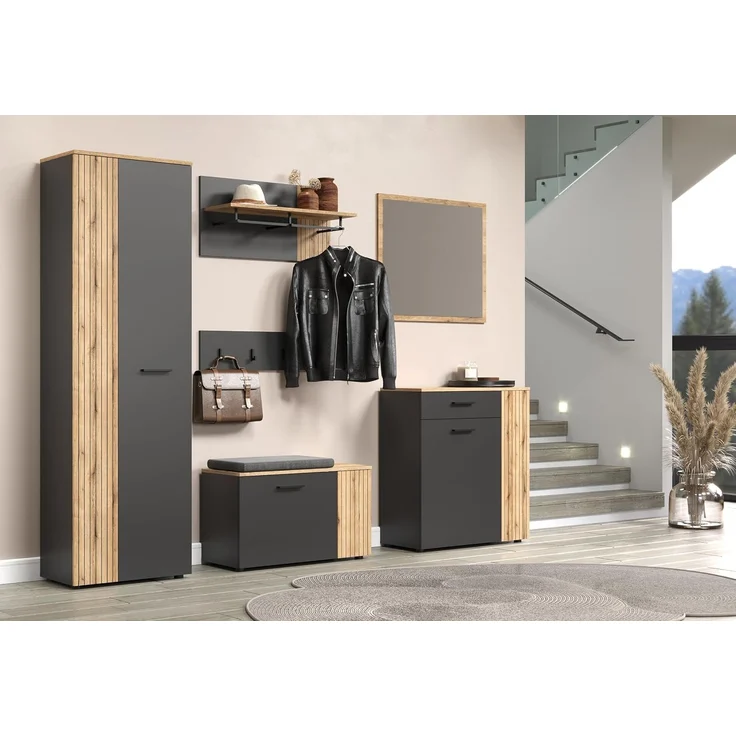 'Esteban' Garderobenschrank / Schuhschrank, Holz, grau und Eiche Evoke, 195 x 36 x 60 cm – Bild 8