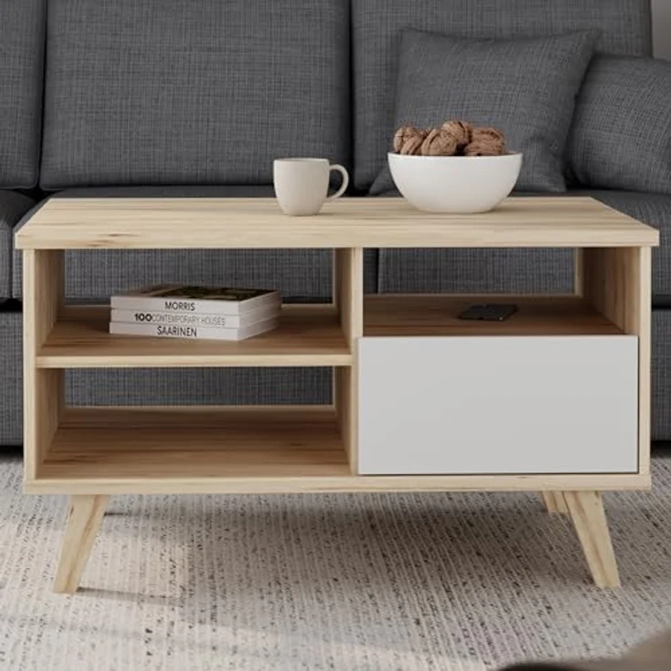 Forte VANNKA Couchtisch 90, Tisch mit offenen Fächern und Schublade, Holzwerkstoff, Planked Eiche Dekor/Weiß, 90 cm breit, 51,1 cm hoch, 60 cm tief – Bild 7
