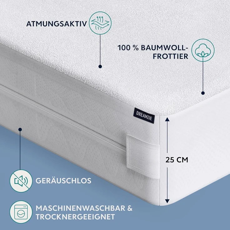 Dreamzie Matratzenbezug 140 x 190 x 25 cm gegen Milben und Bettwanzen - Milbenbezug Matratzen Komplett mit Reißverschluss - Matratzenschoner 140x190 für Allergiker - Wasserdicht, Bi-Ome und Öko-Tex – Bild 4