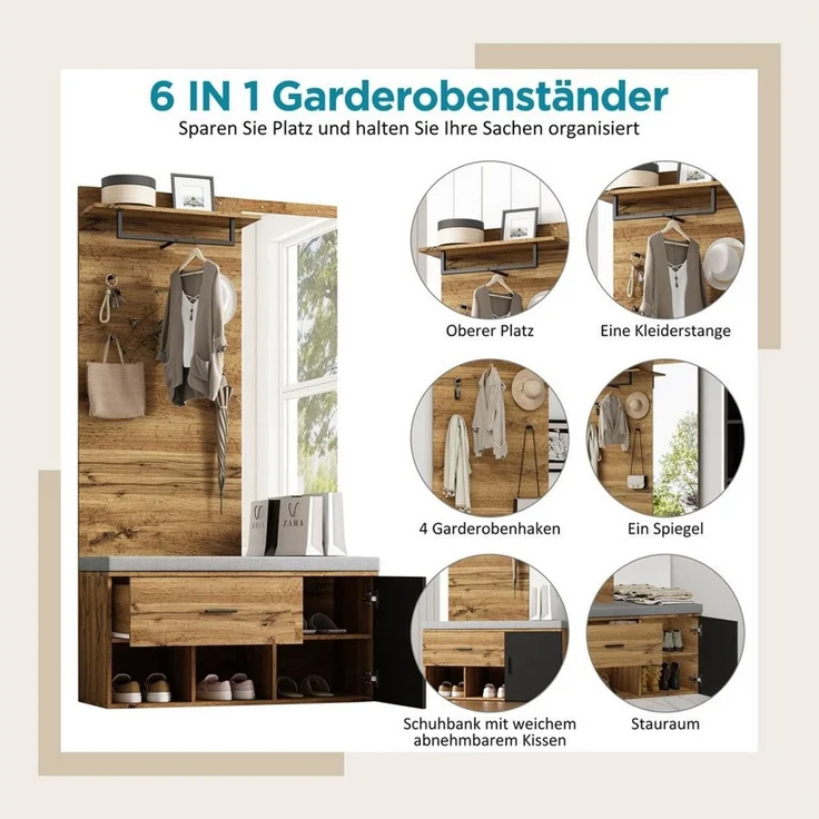 SeedWave Garderobe Garderobenschrank mit Schuhschrank, 7-in-1-Design mit Spiegel, Bank, Flache Regalen, Moderner Holzoptik, 190cm Höhe – Bild 4