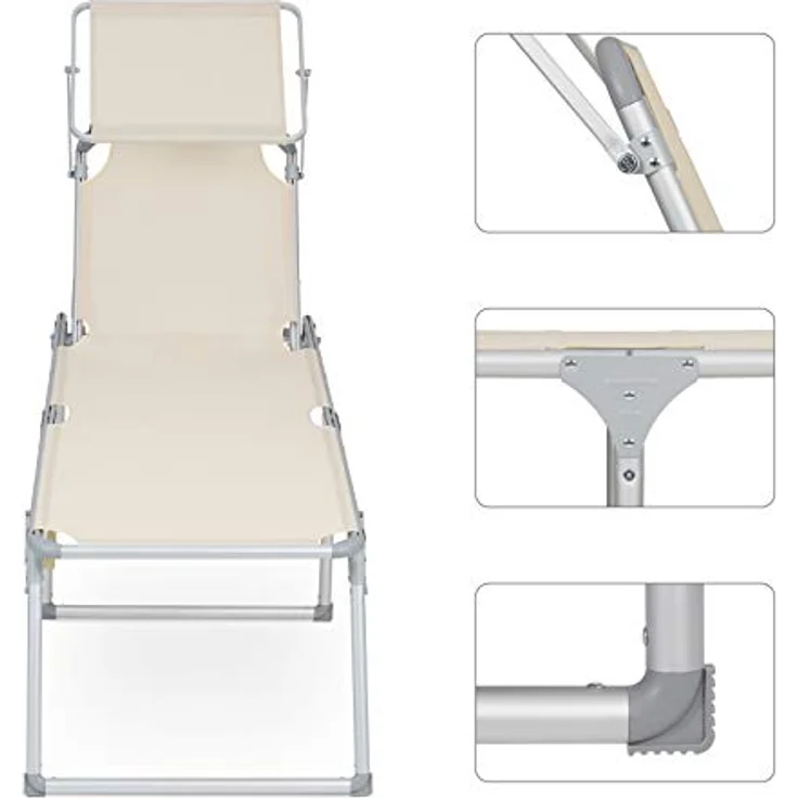Songmics Sonnenliege mit Dach, Liegestuhl, Gartenliege, Aluminium, groß, 65 x 200 x 48 cm, bis 150 kg belastbar, Rückenlehne verstellbar, klappbar, Garten, Balkon, Terrasse, beige GCB26BE – Bild 7