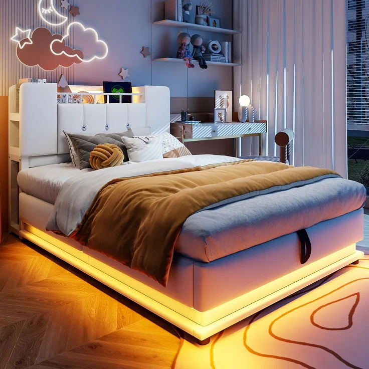 EINHOM Smartes Polsterbett für Kinder 90 x 200 cm, Gepolstert, mit LED-Beleuchtung, USB-Anschluss und Hydraulischem Stauraum, Weichem Samtbezug, Metallrahmen, Beige, (Ohne Matratze) – Bild 4