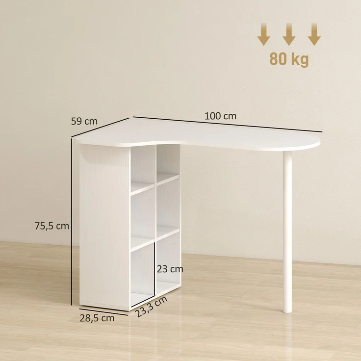 Unregelmäßiger Computertisch 100 x 59 cm mit 6 Fächern, 4 verstellbaren Einlegeböden und Stahlrahmen, weiß – Bild 5